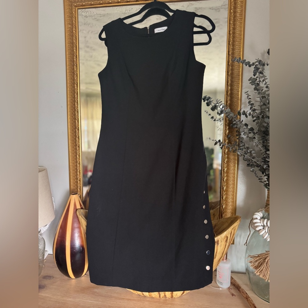 Calvin Klein Black Sheath Midi Dress ✨ Silver Button Detail Work Office Chic - Picture 4 of 9